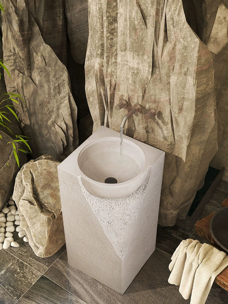 ZINARCH Japandi Design Carved Artificial Stone Freestanding Basin
