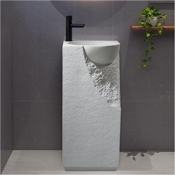 ZINARCH Japandi Design Carved Artificial Stone Freestanding Basin