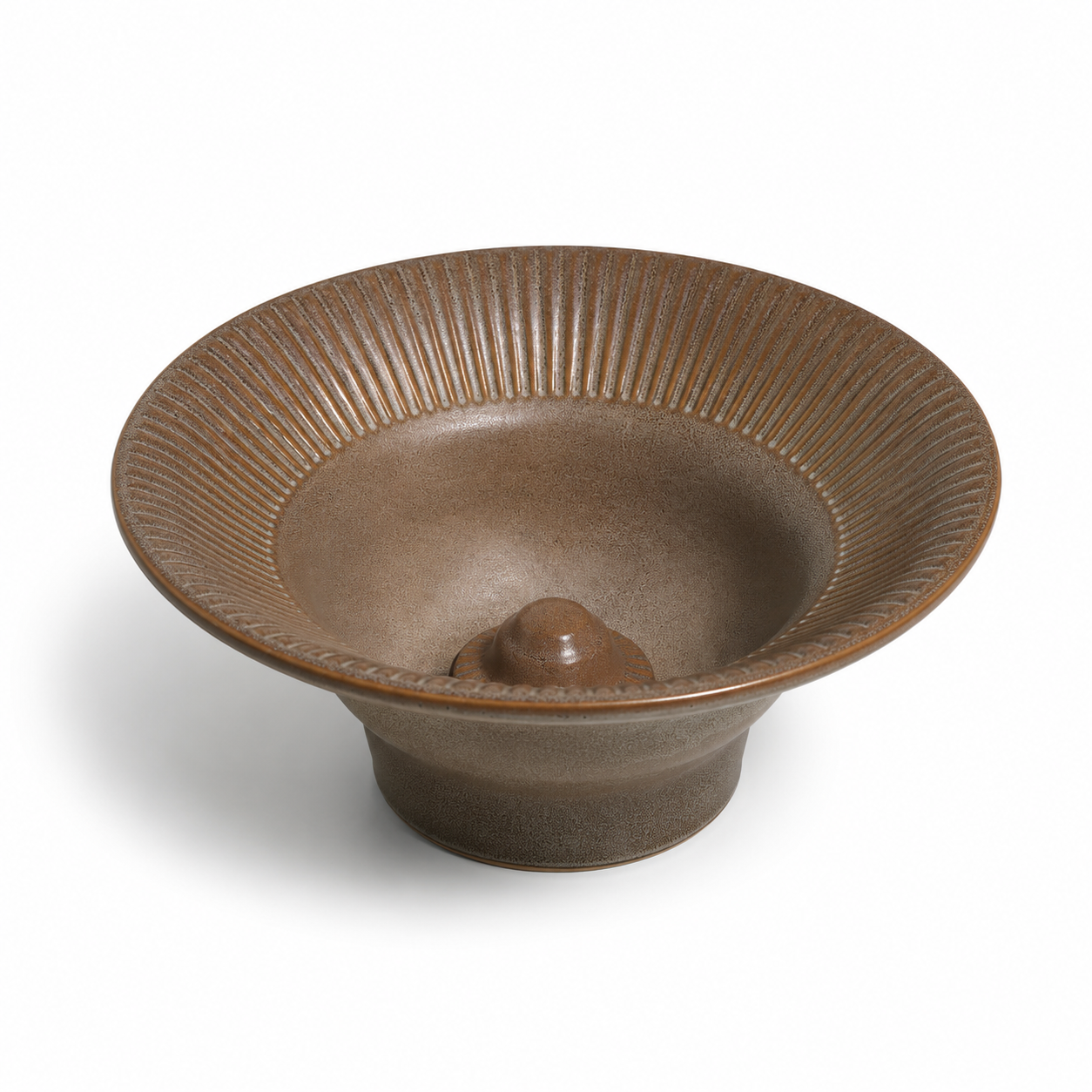 Brown ceramic bowl with textured design on a white background