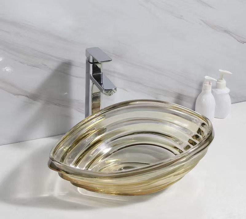 Clear Glass Vessel Bathroom Sink with Specialty Shape