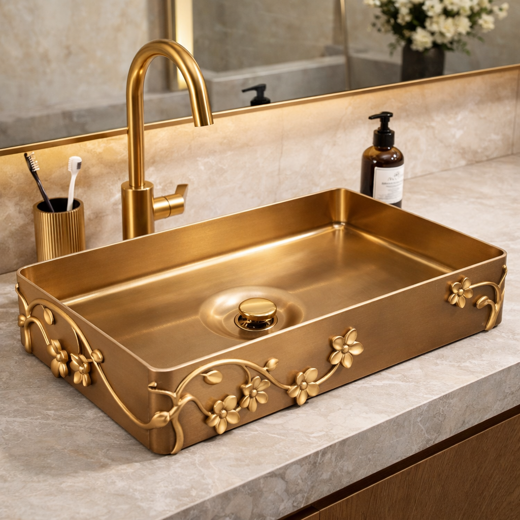 Rectangular Countertop Basin with Floral Detail
