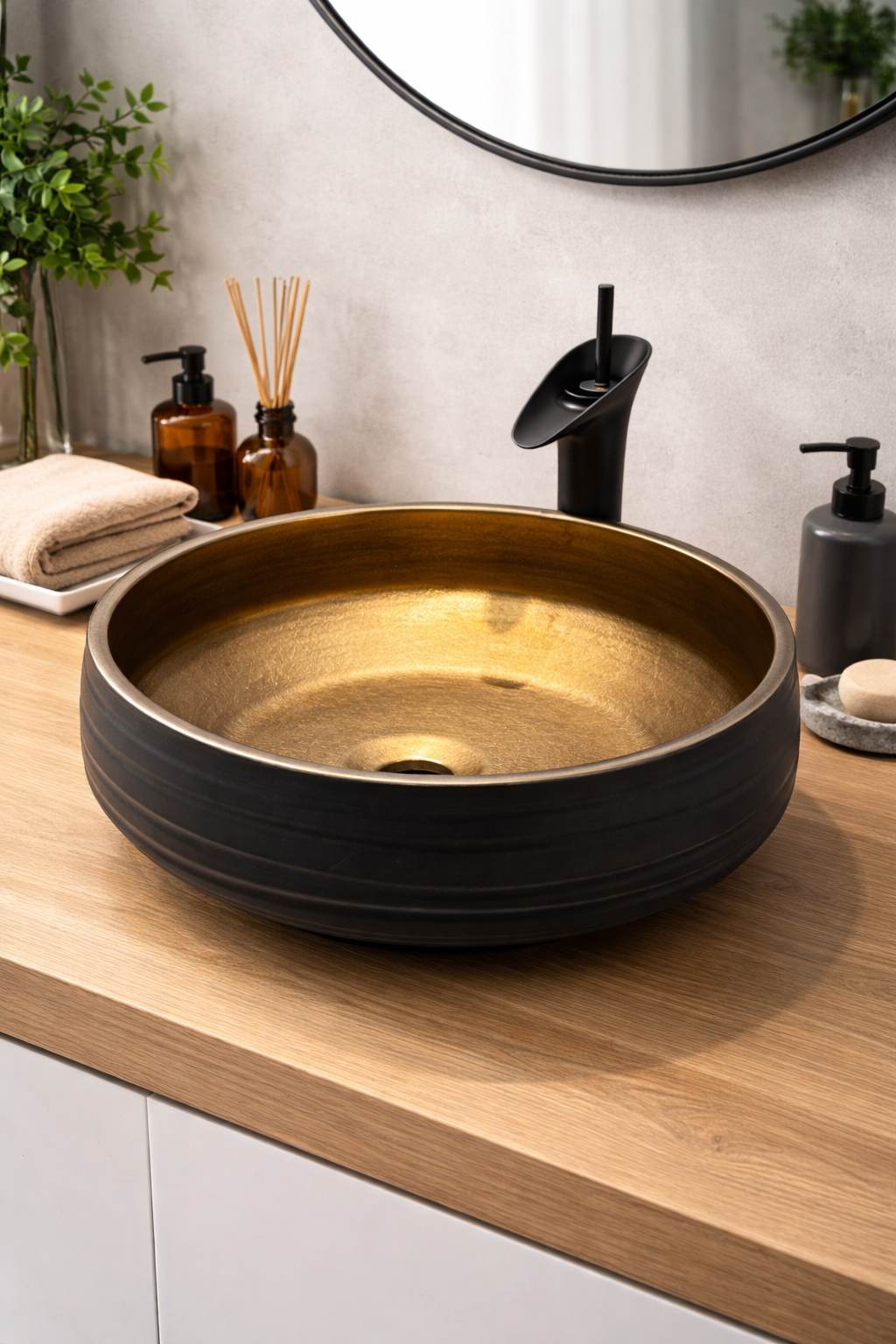 Bathroom vanity with a black and gold sink, black faucet, and various toiletries.