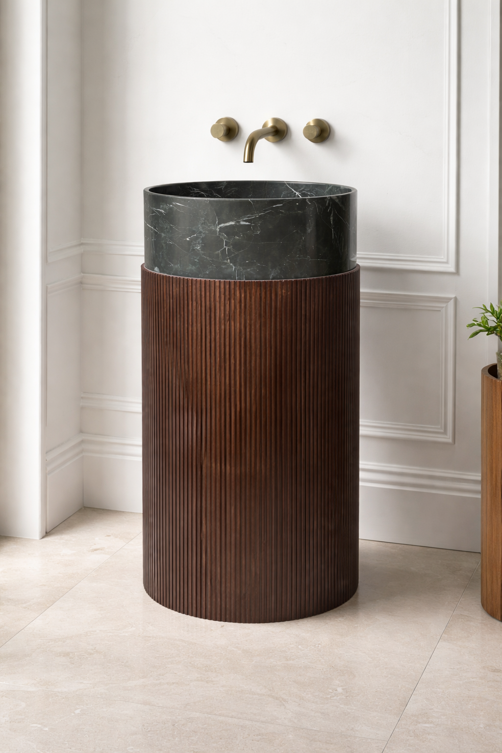 Fluted Wooden Pedestal Basin with Marble Top