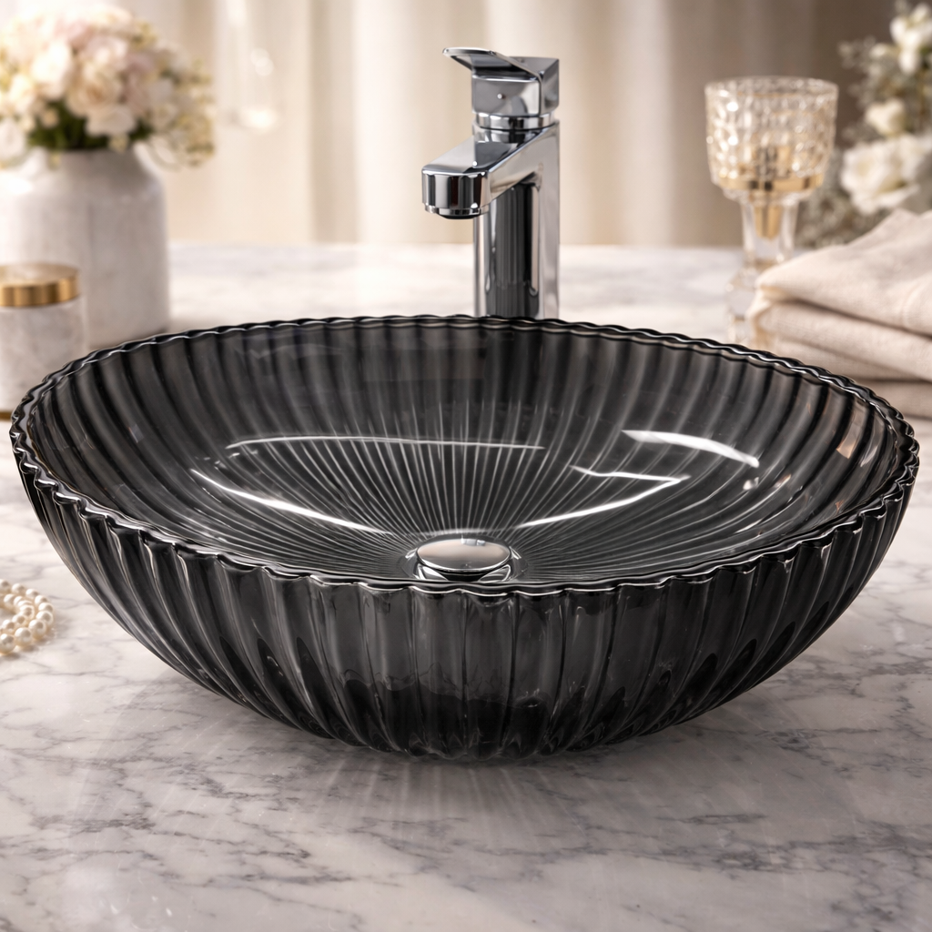 Smoky Grey Fluted Glass Countertop Basin