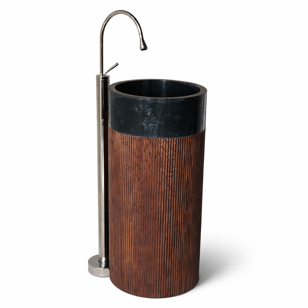 Fluted Wood Free-Standing Basin with Marble Top