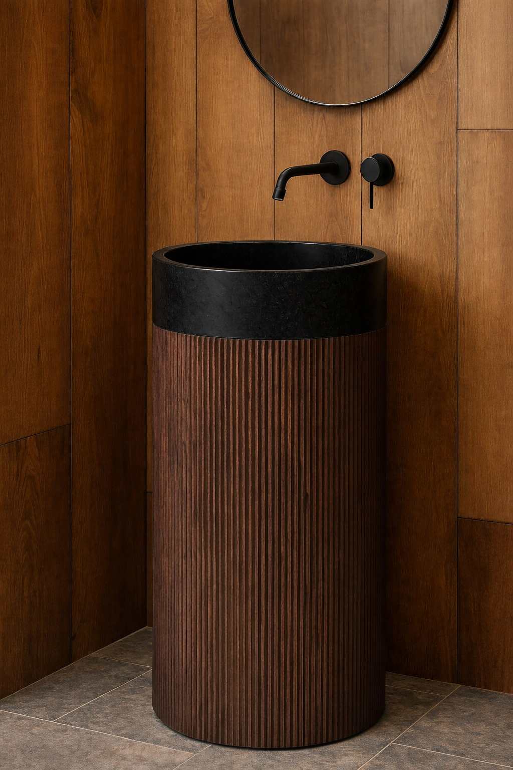 Fluted Wood Free-Standing Basin with Marble Top