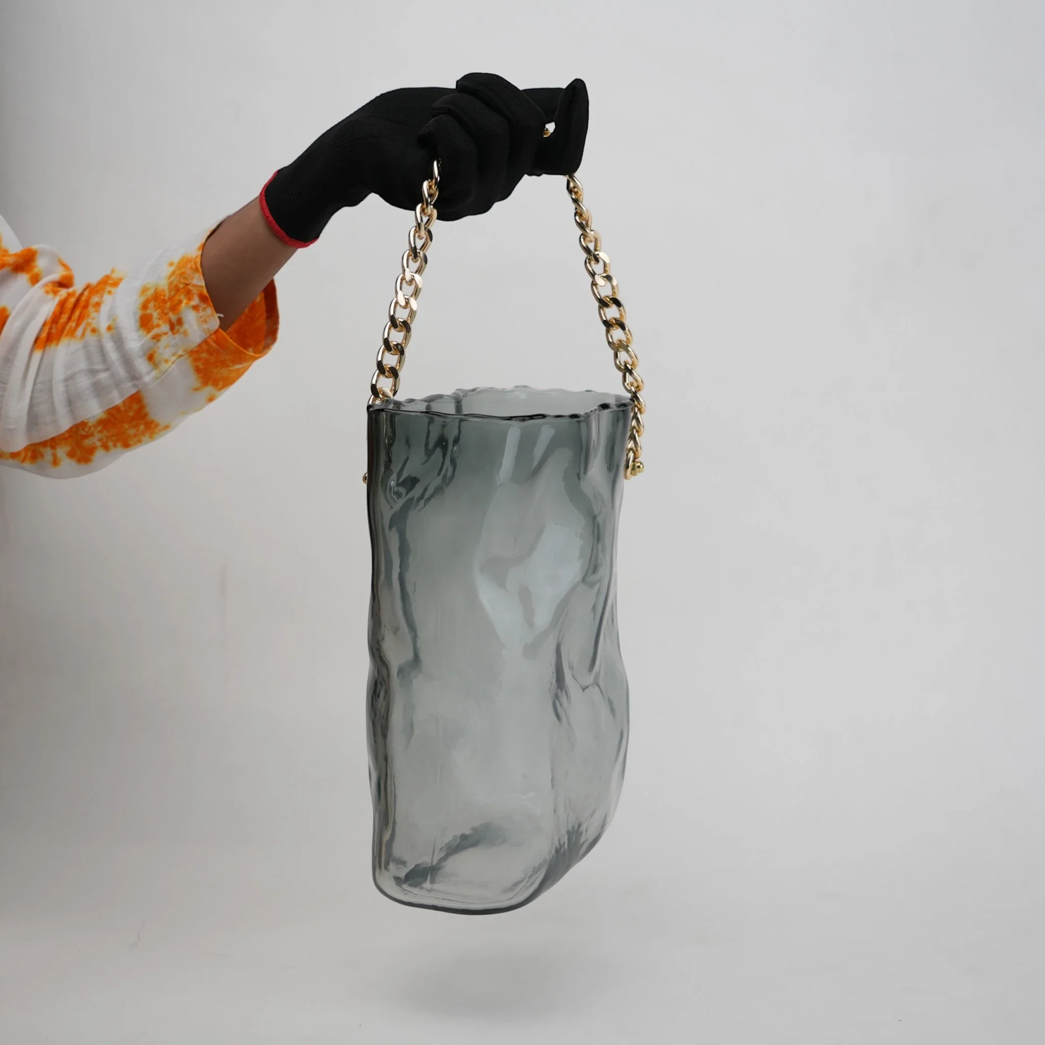Gold Chain Grey Glass Vase