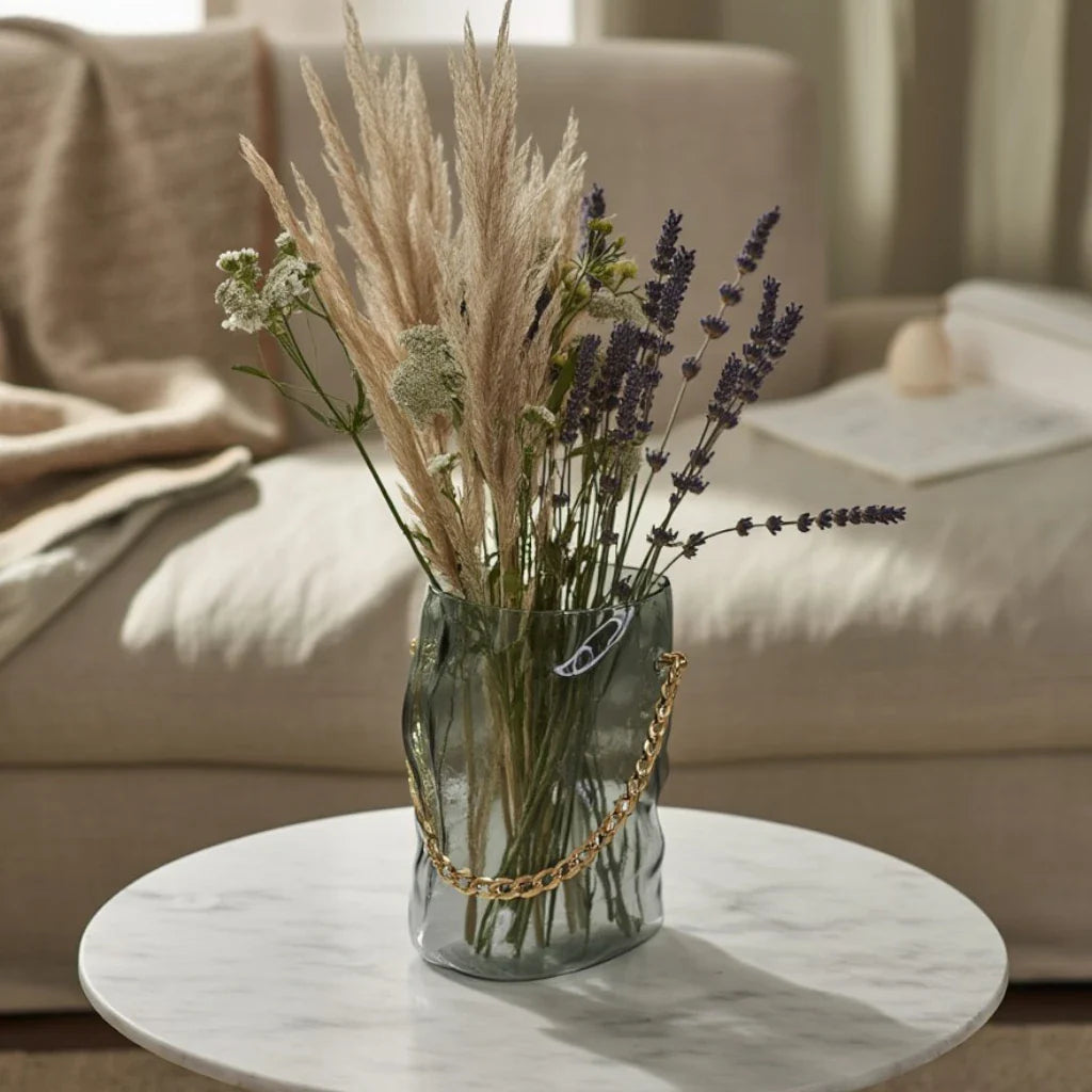Gold Chain Grey Glass Vase