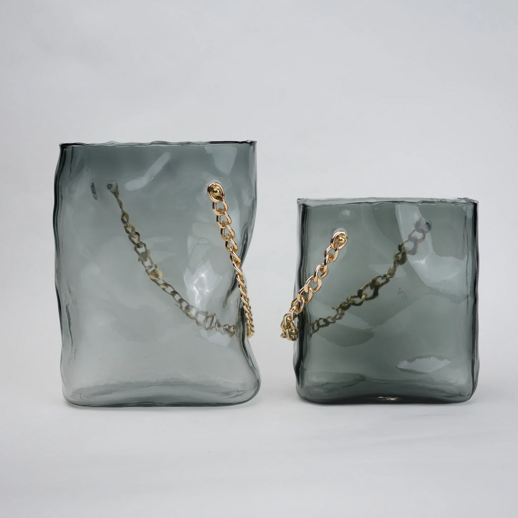 Gold Chain Grey Glass Vase