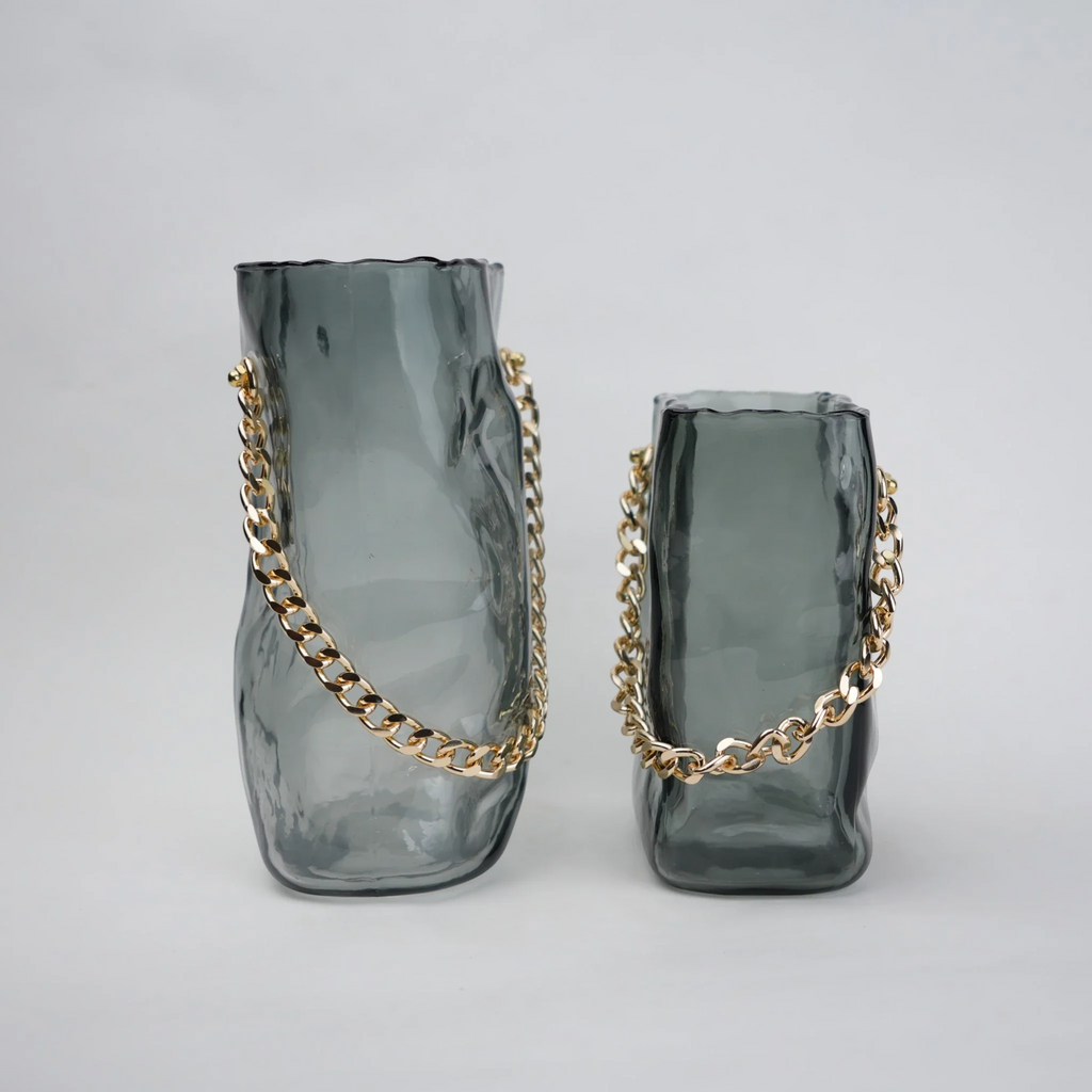 Gold Chain Grey Glass Vase
