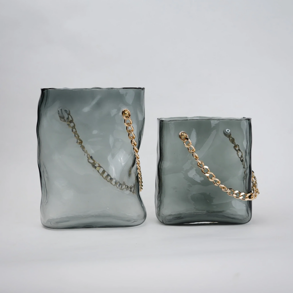 Gold Chain Grey Glass Vase