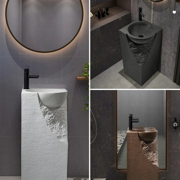 ZINARCH Japandi Design Carved Artificial Stone Freestanding Basin