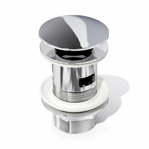 Chrome bathroom drain cover on a white background