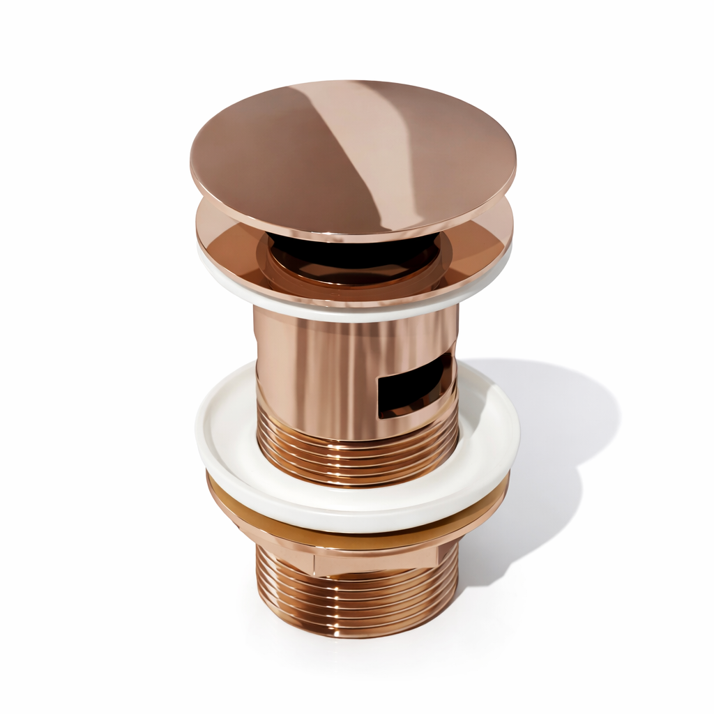 Rose gold and white bathroom drain cover on a white background