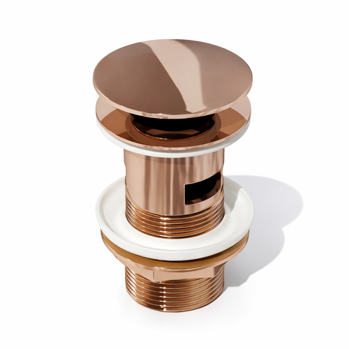 Rose gold and white bathroom drain cover on a white background