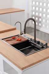 Dragon Sink Waterfall Digital Display Faucet Bionic Honeycomb Black Kitchen Sink  With Knife Holder