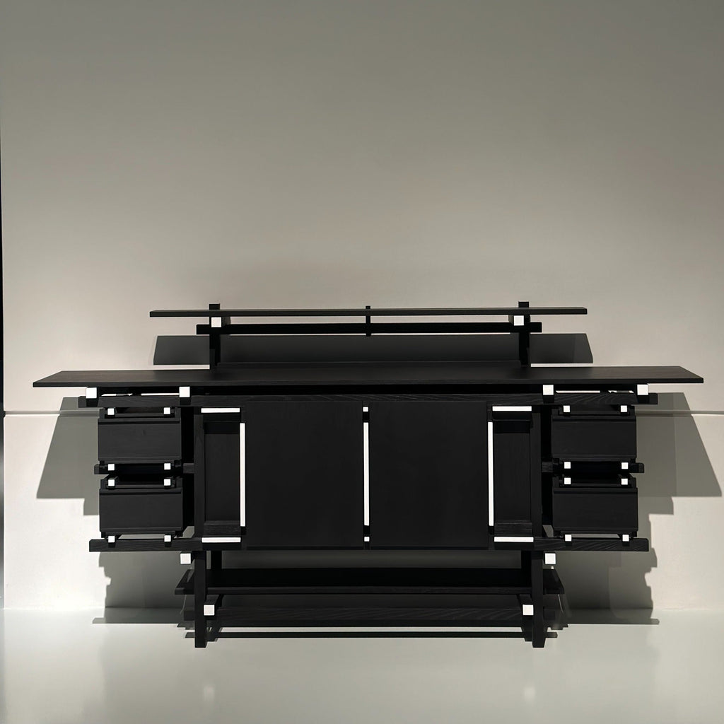 Minimalist Black Solid Wood Cabinet with Glass Panels