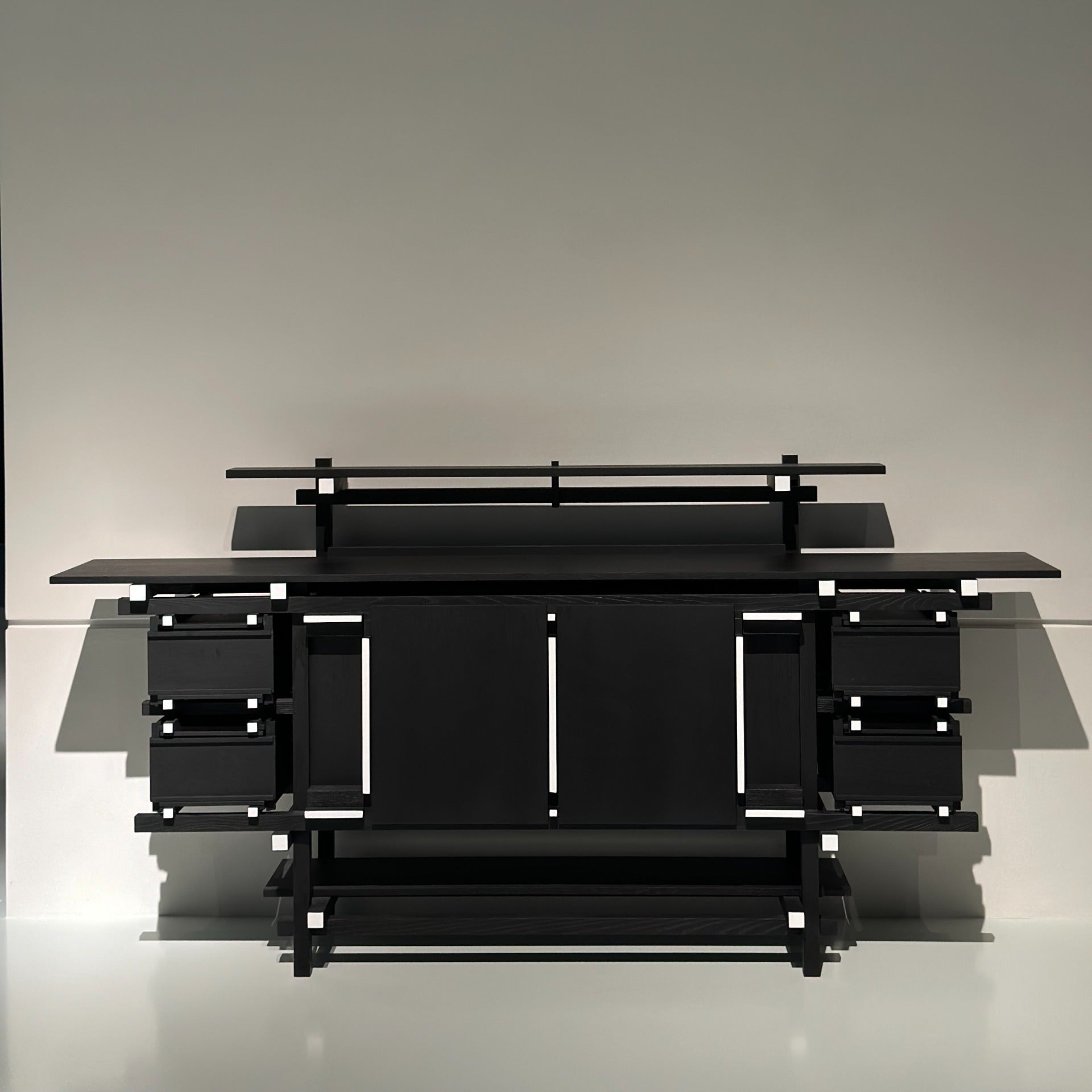 Minimalist Black Solid Wood Cabinet with Glass Panels
