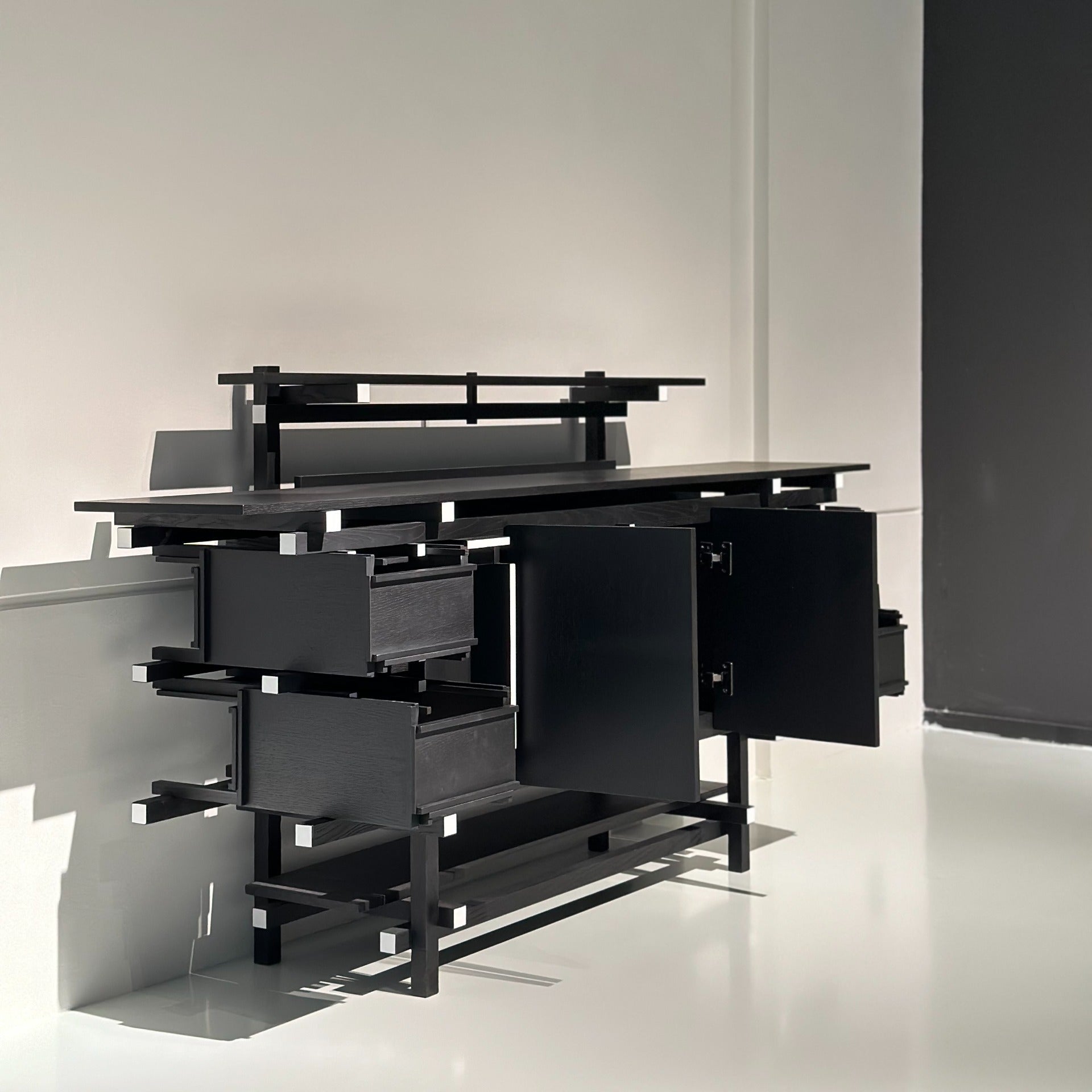 Minimalist Black Solid Wood Cabinet with Glass Panels