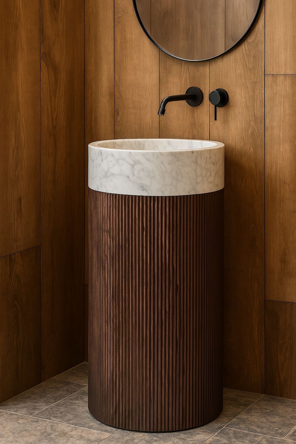 Fluted Wood Free-Standing Basin with Marble Top